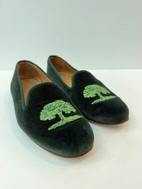 Stubbs & Wootton Women's Green Velvet Tree Embroidred Loafer Shoe Size 7